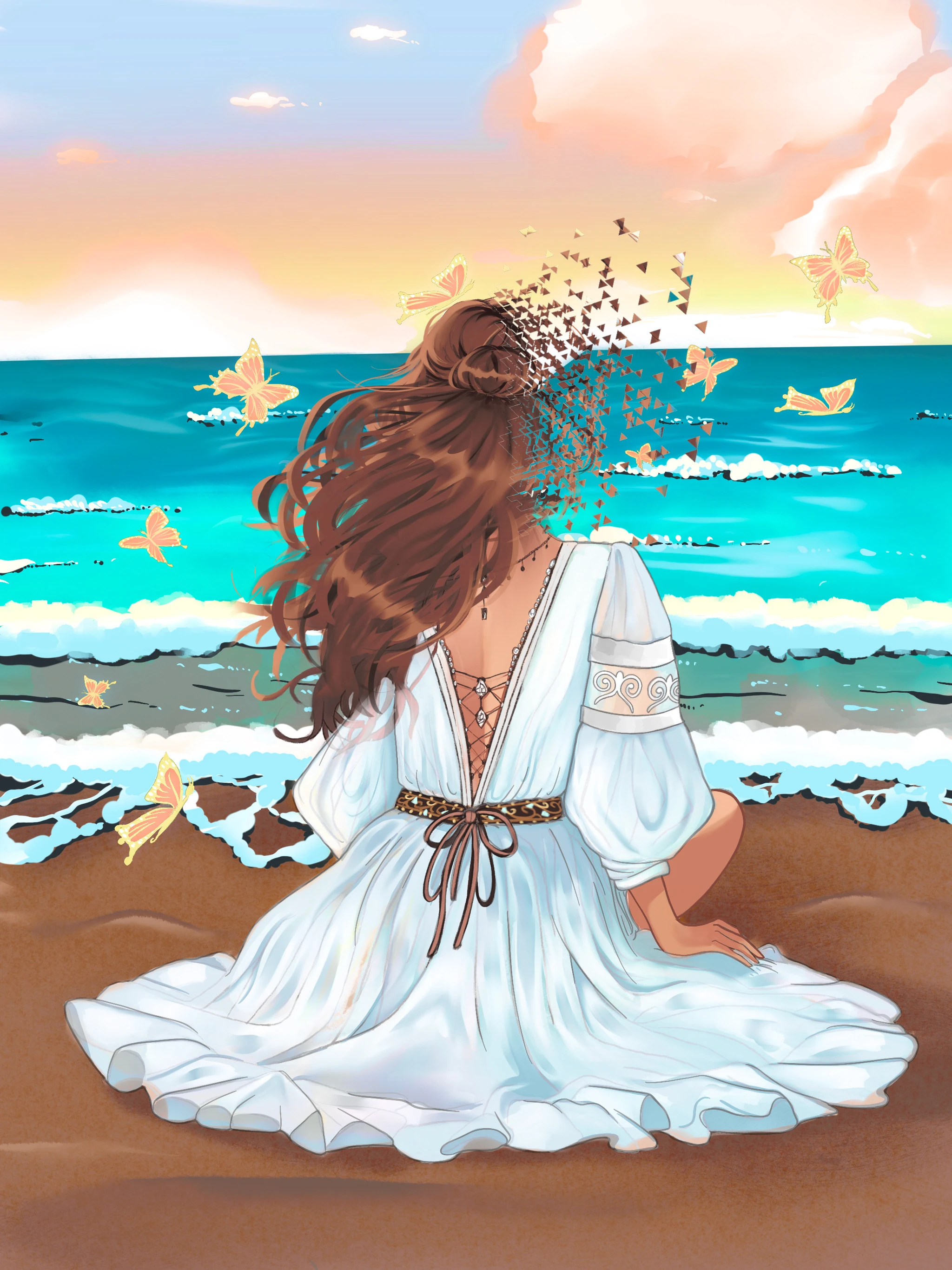 a girl in a white dress sits on the sand facing the sea at sunset, her hair breaking into small triangles, orange butterflies around her