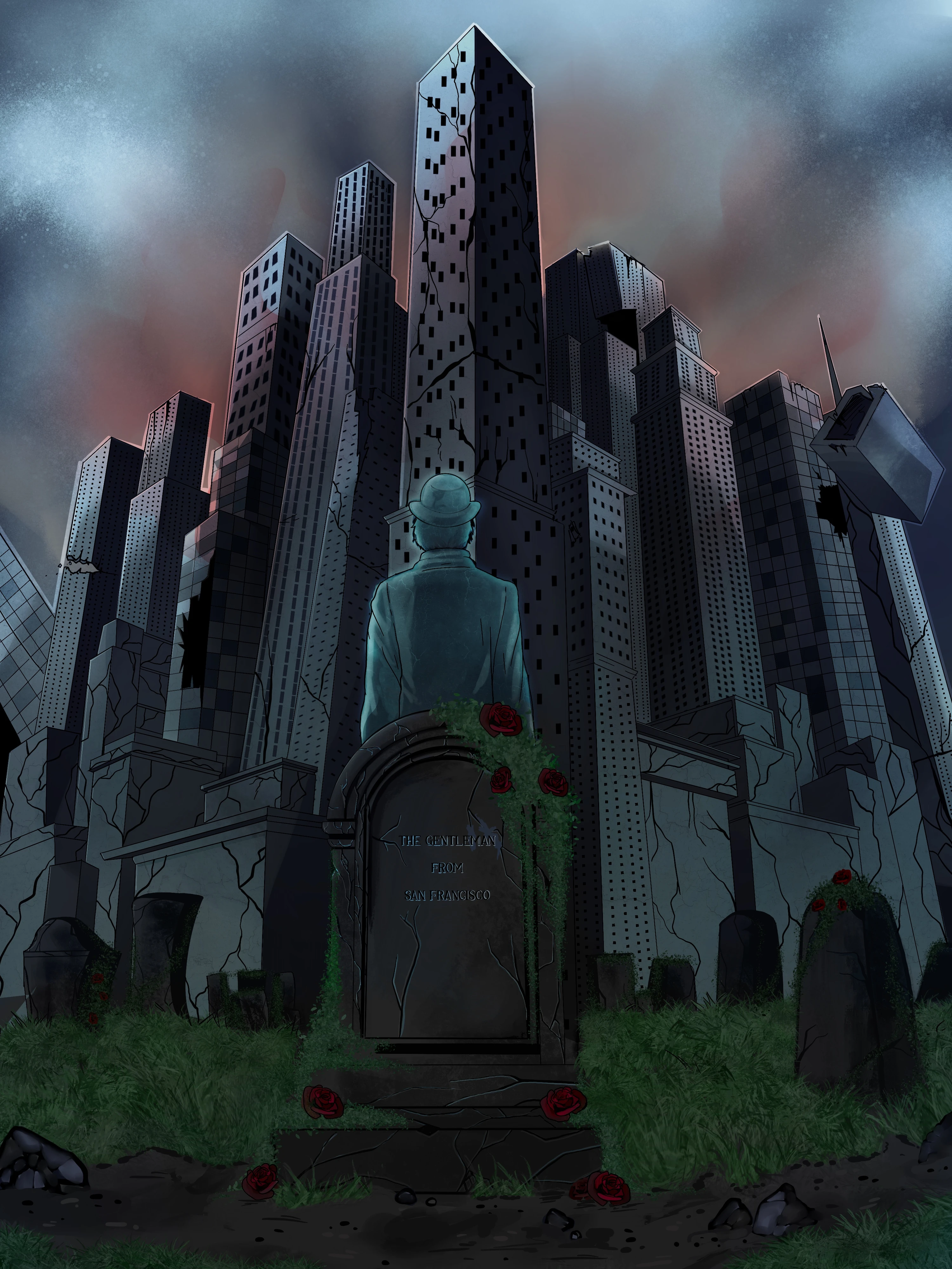 a translucent man in a bowler hat stands behind a tombstone engraved “the gentleman from san francisco”, covered in ivy and red roses, in front of cracked, crumbling skyscrapers under a dark sky