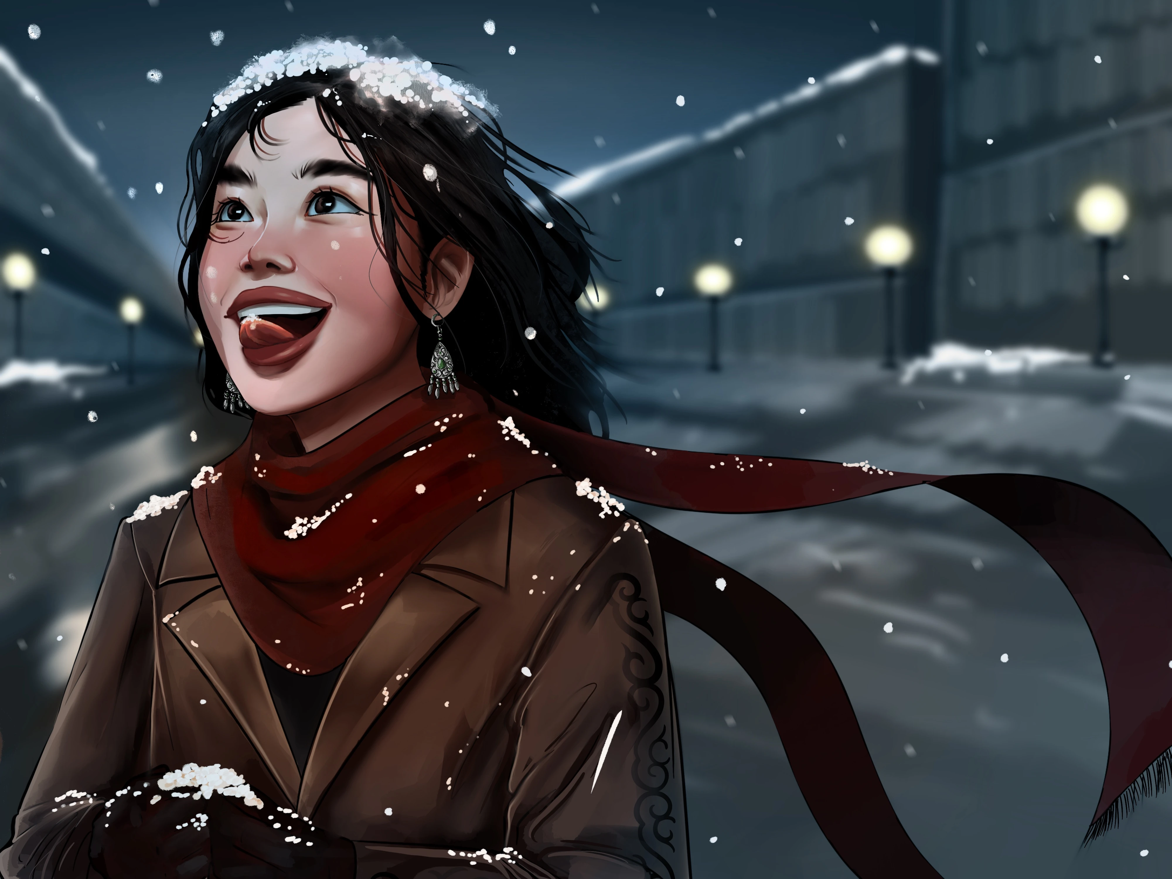 a girl in a brown coat and red scarf looks up and catches snowflakes on her tongue on a snowy street at night lined with glowing street lamps